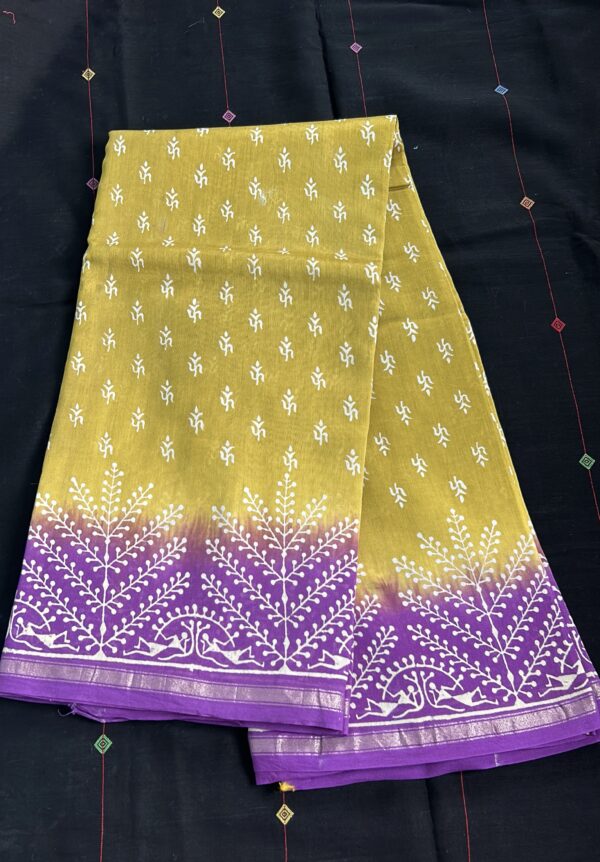 Neon green and purple combination Hand block printed chanderi silk